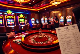 KJC gaming table with poker chips and cards highlighting high-stakes excitement at a luxurious casino.