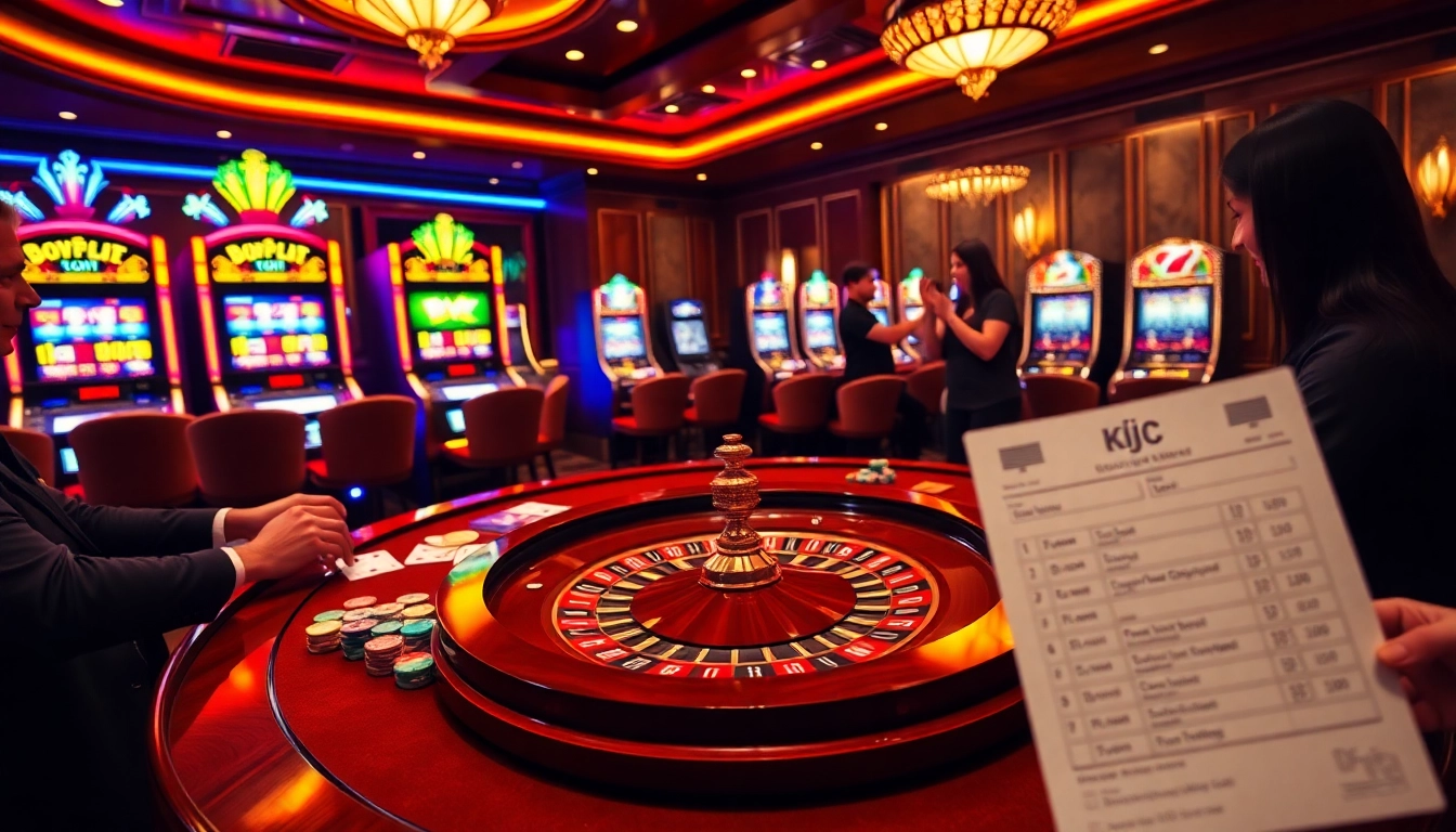 KJC gaming table with poker chips and cards highlighting high-stakes excitement at a luxurious casino.