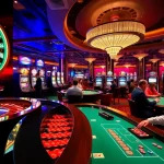 Players enjoying high-stakes games at 32win.style casino with vibrant roulette wheel and slot machines.