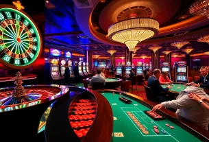 Players enjoying high-stakes games at 32win.style casino with vibrant roulette wheel and slot machines.