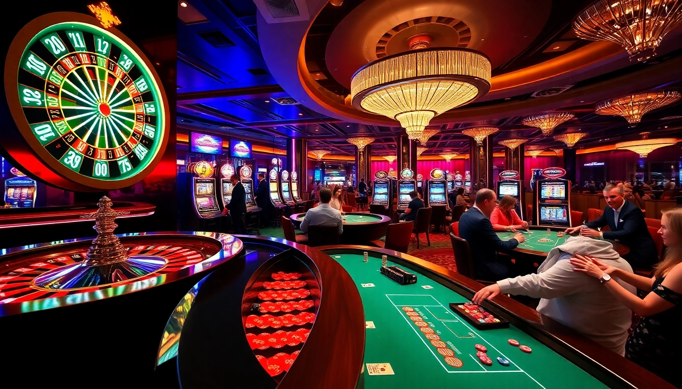 Players enjoying high-stakes games at 32win.style casino with vibrant roulette wheel and slot machines.