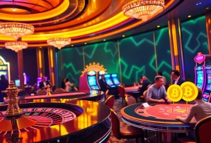 Experience thrilling crypto online casinos with vibrant gaming tables, slot machines, and players enjoying their favorite games.