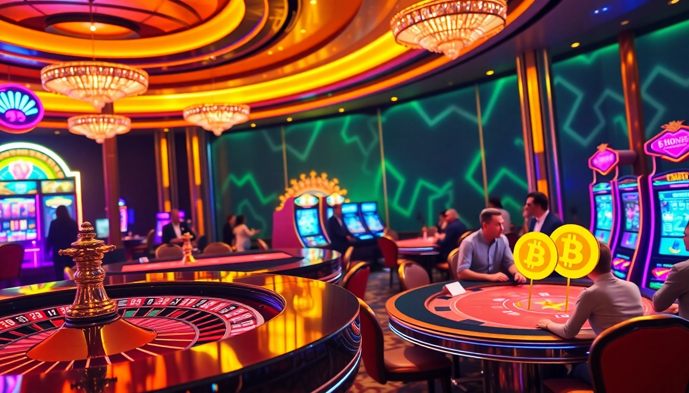 Experience thrilling crypto online casinos with vibrant gaming tables, slot machines, and players enjoying their favorite games.