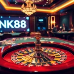 NK88 casino scene with a vibrant roulette table and engaging players, highlighting excitement and luxury.