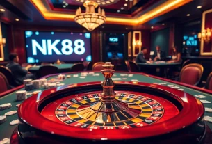 NK88 casino scene with a vibrant roulette table and engaging players, highlighting excitement and luxury.