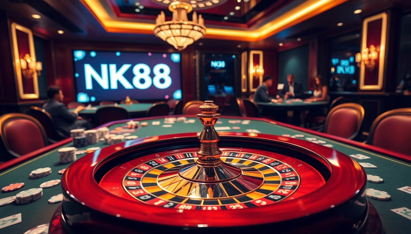 NK88 casino scene with a vibrant roulette table and engaging players, highlighting excitement and luxury.