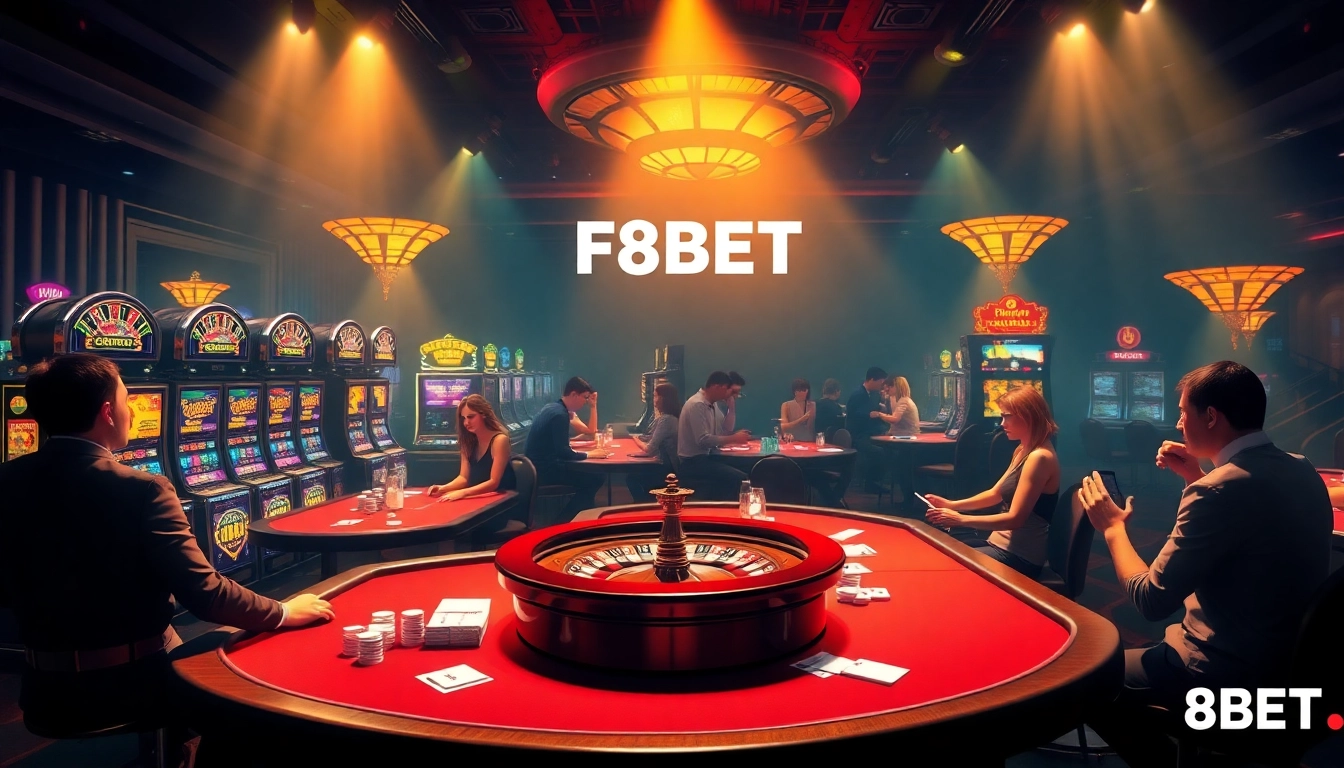 Participants enjoying a thrilling game at F8BET's luxurious casino tables, filled with excitement and poker chips.