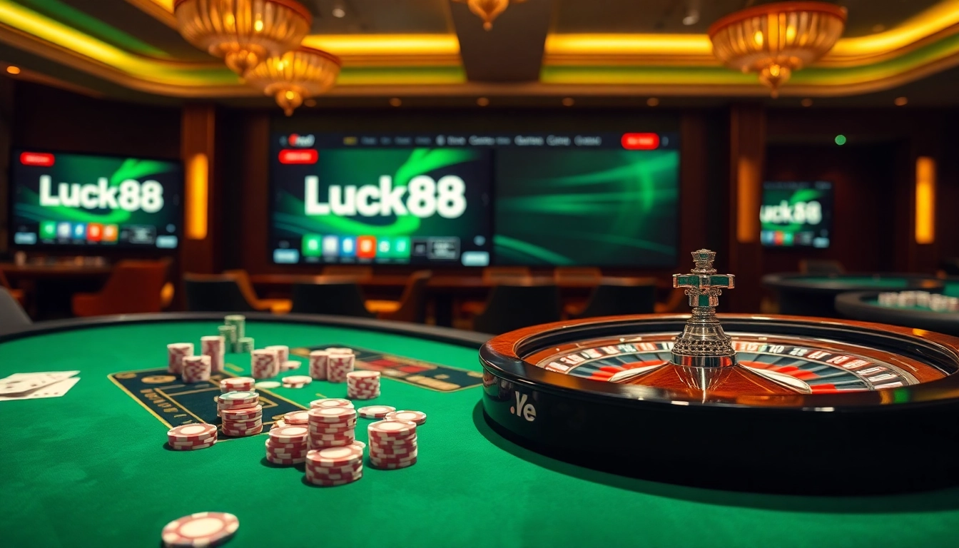 Visually engaging casino experience highlighting luck88 net with poker chips and betting tables.