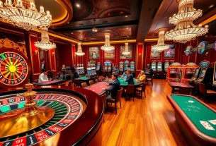 Cổng Game DEBET offers a vibrant casino experience with roulette, poker tables, and slot machines.