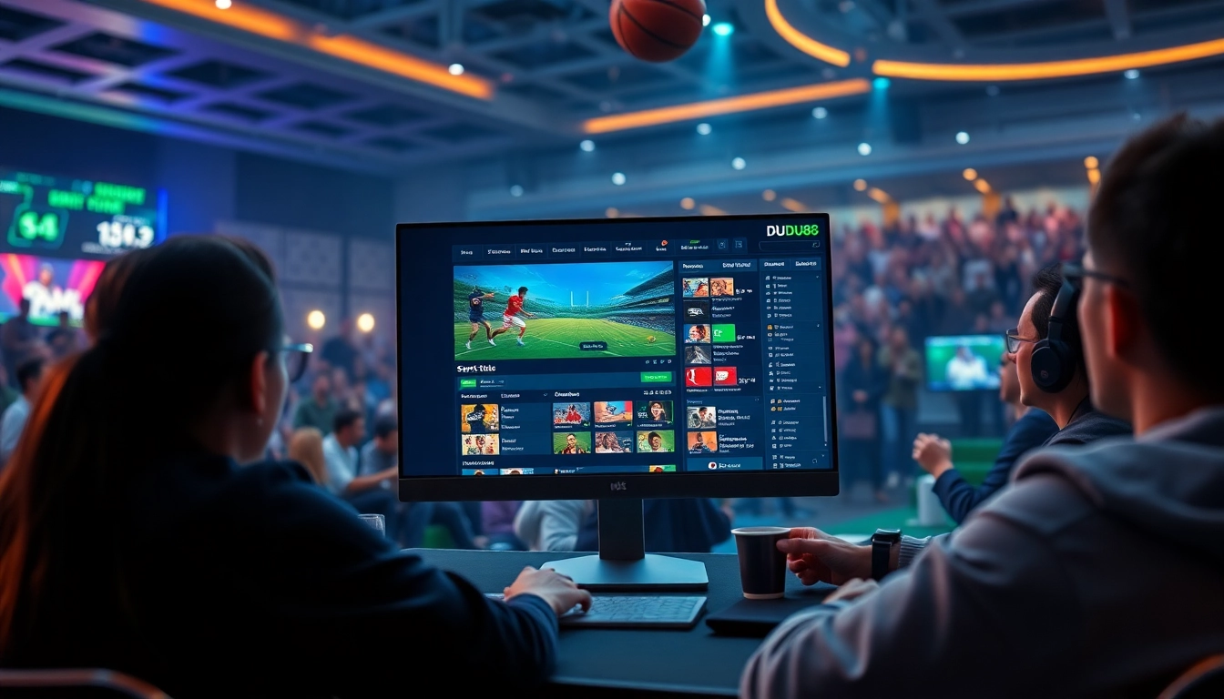 Dynamic online betting scene highlighting nhà cái du88 interface with sports enthusiasts engaged in digital gaming.