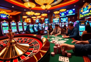 Excited players betting at a roulette wheel and slot machines in a vibrant casino scene at https://rr88a.us.com/.