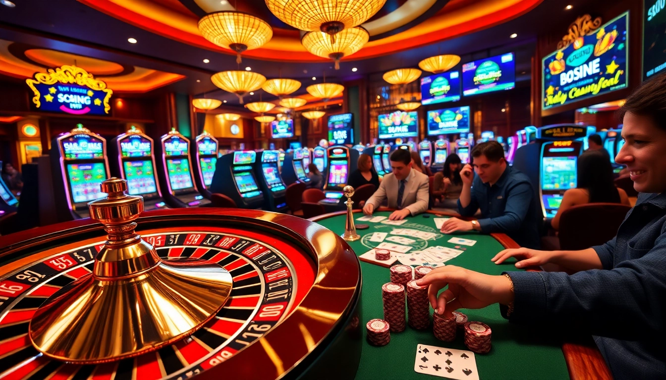 Excited players betting at a roulette wheel and slot machines in a vibrant casino scene at https://rr88a.us.com/.