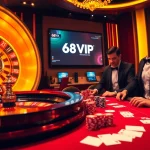 Excited players engaging at the 68VIP casino table with vibrant poker chips and cards.