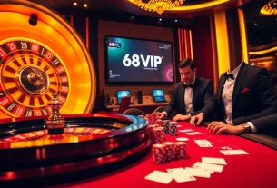 Excited players engaging at the 68VIP casino table with vibrant poker chips and cards.