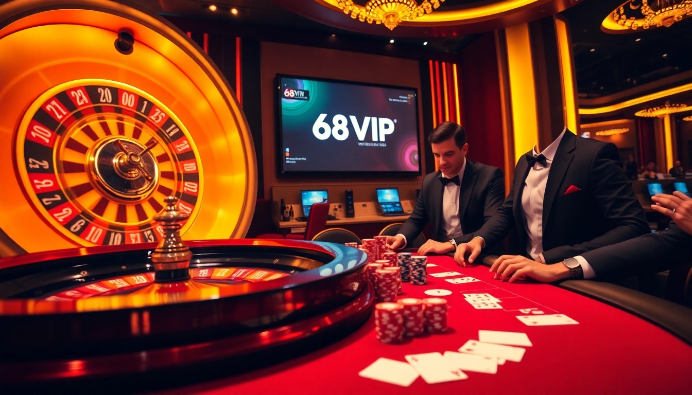 Excited players engaging at the 68VIP casino table with vibrant poker chips and cards.