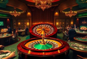 Experience the thrill of gambling at Trang chủ 32win, featuring luxurious casino tables and vibrant gaming elements.