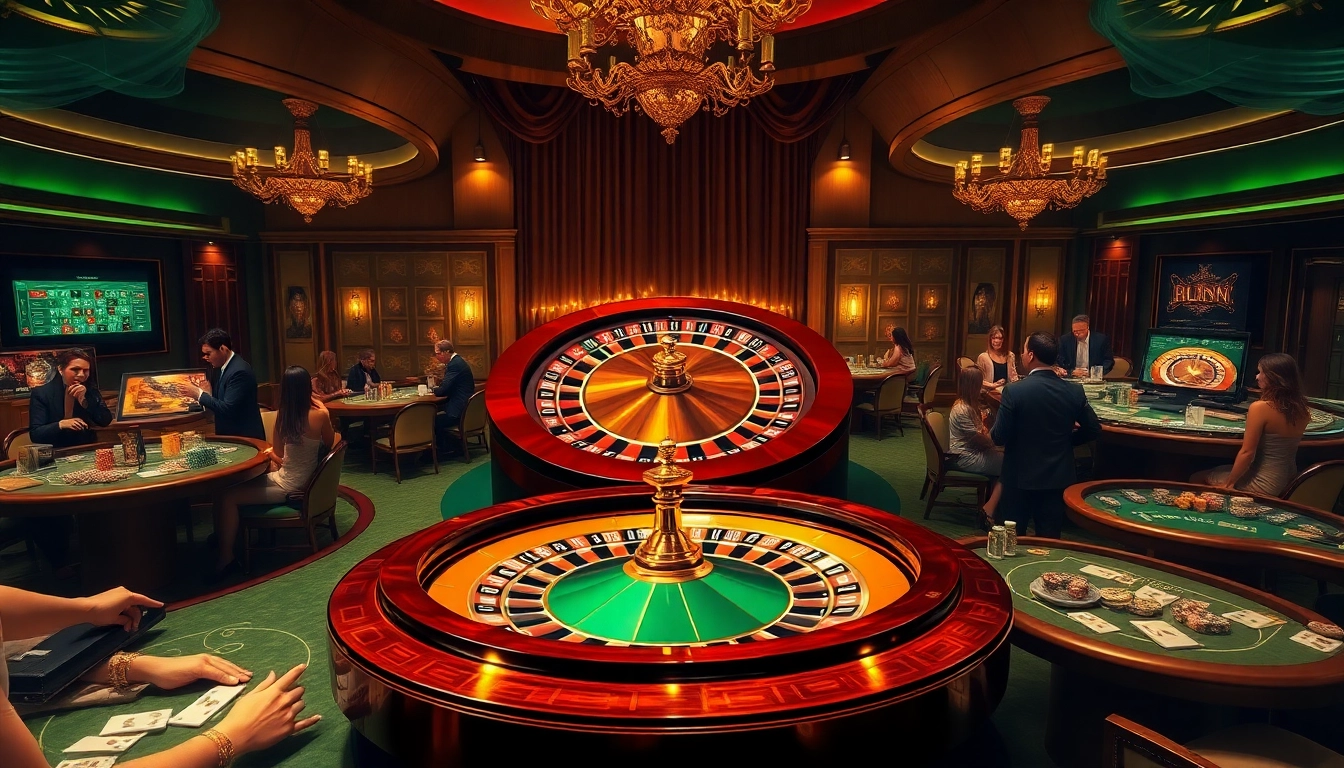 Experience the thrill of gambling at Trang chủ 32win, featuring luxurious casino tables and vibrant gaming elements.