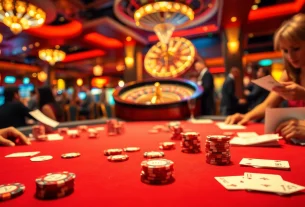 Exciting casino scene showcasing poker action and roulette, highlighting 7m cn betting.