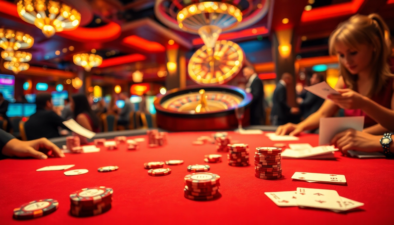 Exciting casino scene showcasing poker action and roulette, highlighting 7m cn betting.