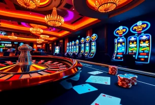 Experience the thrill of FUN79 with vibrant casino tables and roulette wheels.