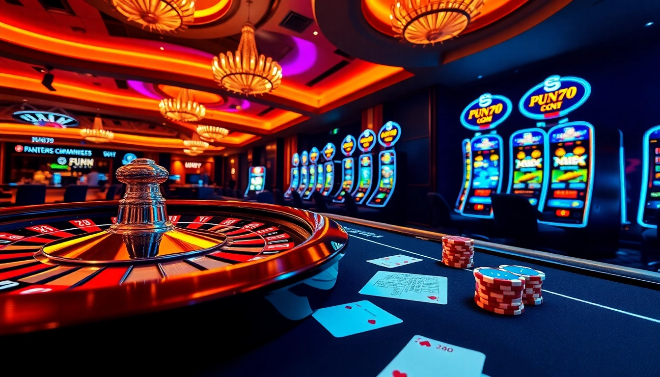Experience the thrill of FUN79 with vibrant casino tables and roulette wheels.