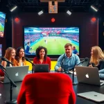 Engaging hosts in a sports broadcasting studio discussing live events highlighting Sports Broadcasting.