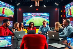 Engaging hosts in a sports broadcasting studio discussing live events highlighting Sports Broadcasting.