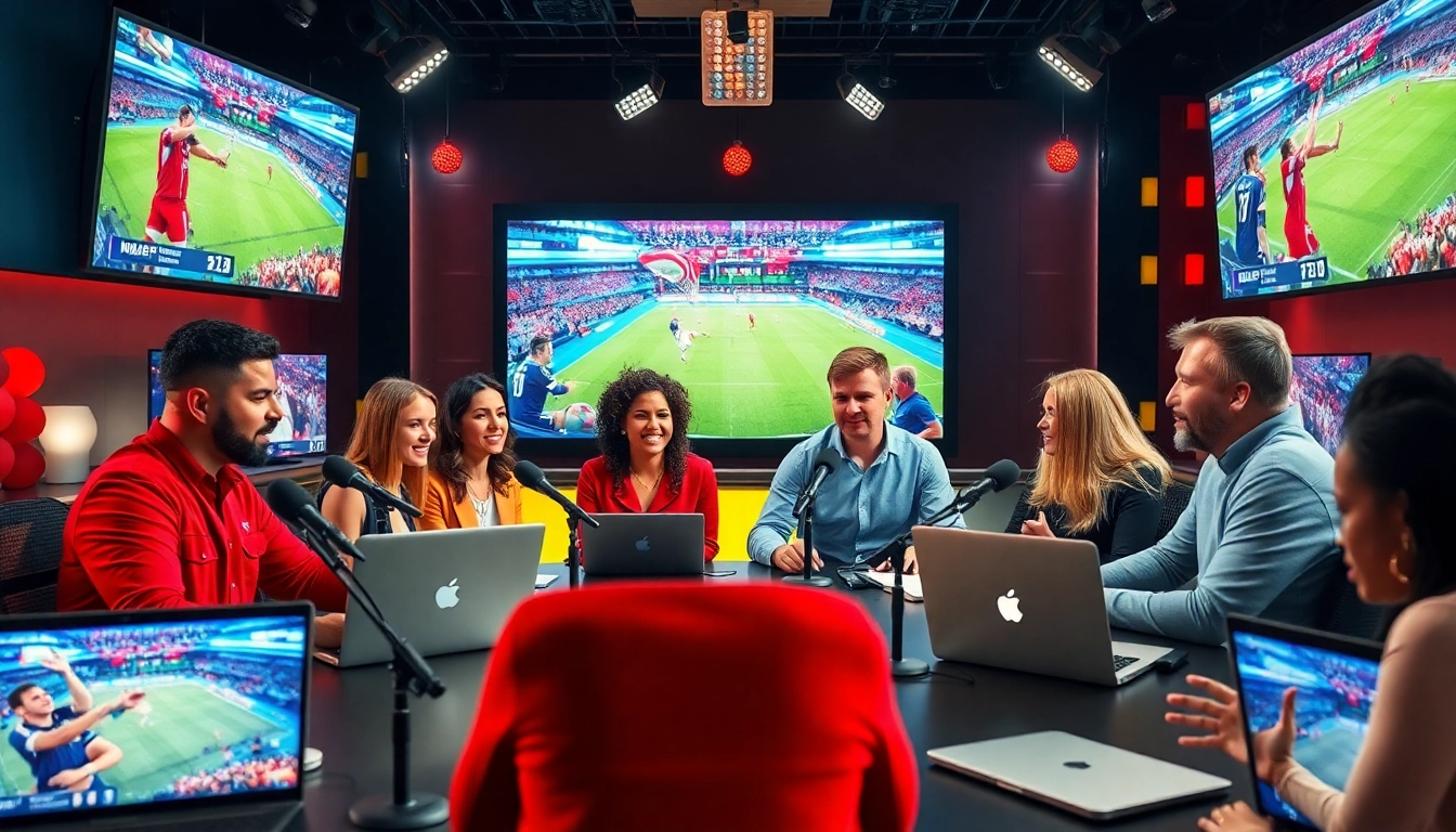 Engaging hosts in a sports broadcasting studio discussing live events highlighting Sports Broadcasting.