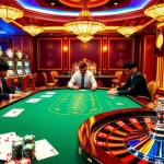 High-stakes poker scene at https://www.superslot365.net/ with luxurious casino elements and professional players.