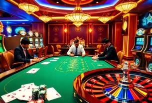 High-stakes poker scene at https://www.superslot365.net/ with luxurious casino elements and professional players.