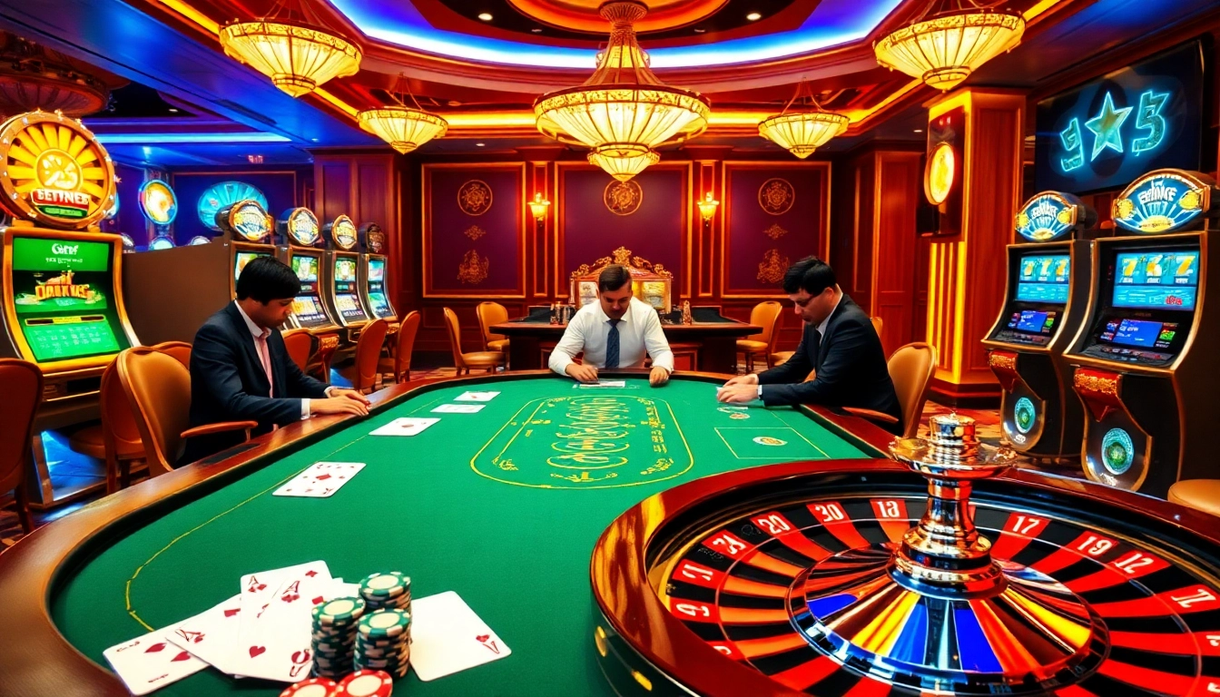 High-stakes poker scene at https://www.superslot365.net/ with luxurious casino elements and professional players.