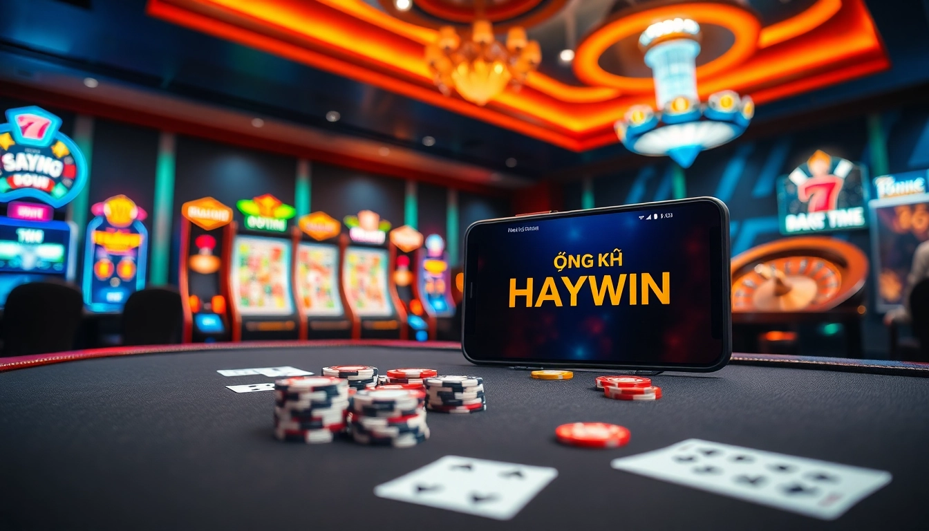 Experience thrilling gaming with ĐĂNG KÝ HAYWIN featuring casino tables, poker chips, and slots.