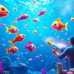 Action-packed bắn cá đổi thưởng scene featuring a player fishing for treasures in a vibrant underwater environment.