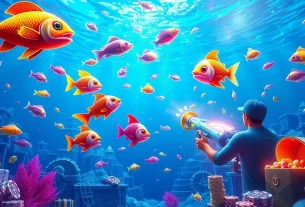Action-packed bắn cá đổi thưởng scene featuring a player fishing for treasures in a vibrant underwater environment.