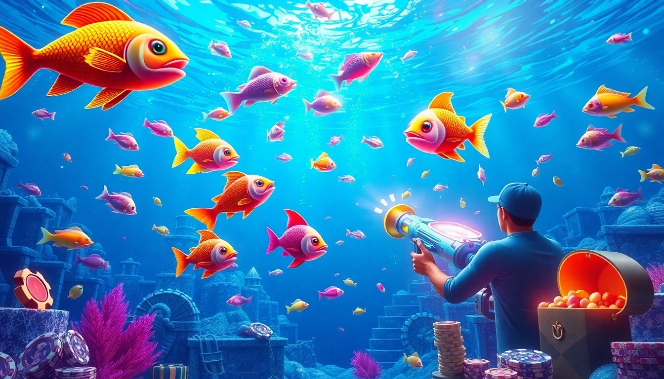 Action-packed bắn cá đổi thưởng scene featuring a player fishing for treasures in a vibrant underwater environment.
