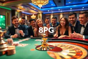 Jugadores disfrutando de una experiencia de juego vibrante en la plataforma 8PG en una mesa de casino de lujo.