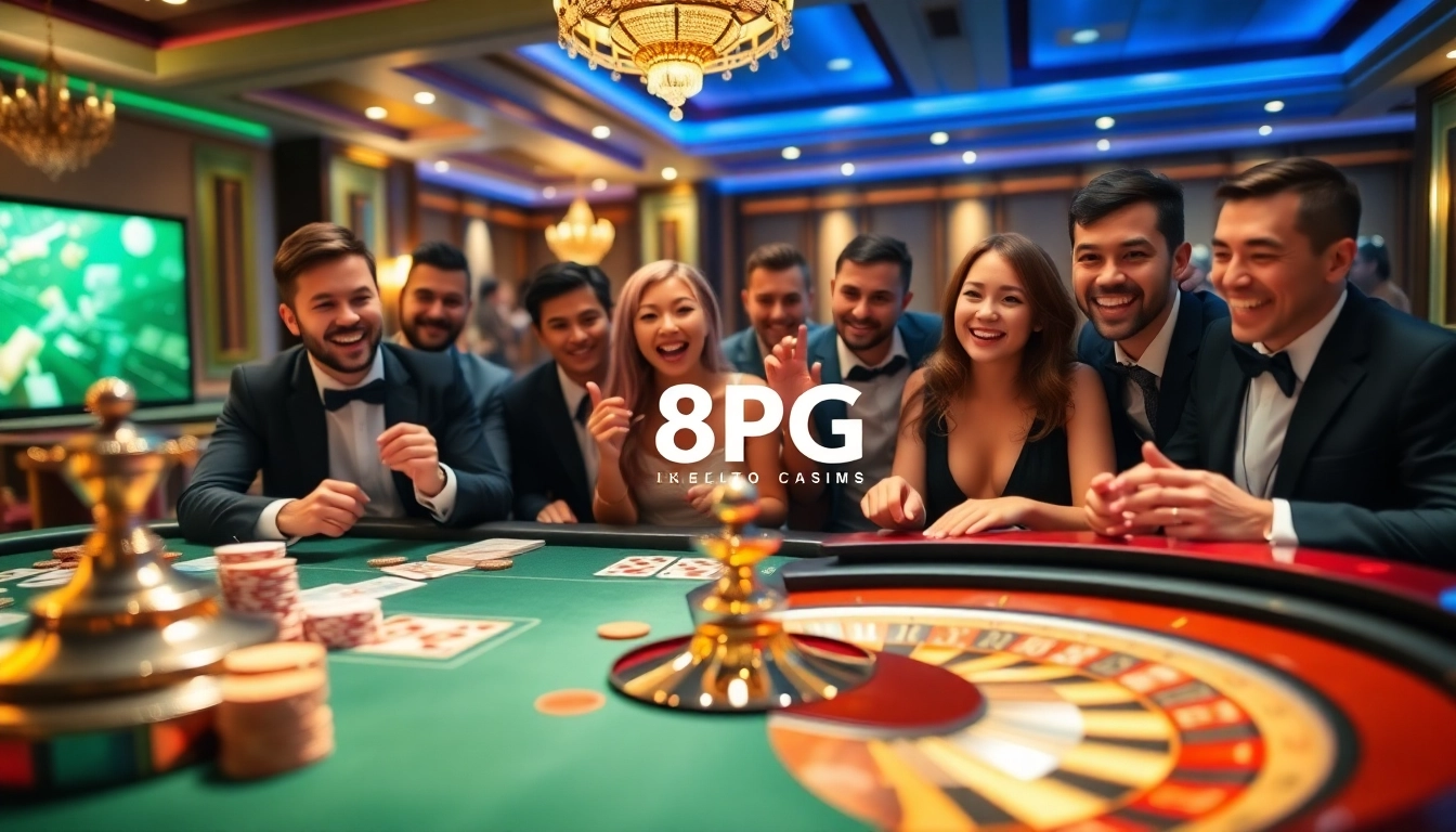 Jugadores disfrutando de una experiencia de juego vibrante en la plataforma 8PG en una mesa de casino de lujo.