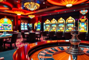 Experience thrilling casino gaming at F168 with a roulette wheel and poker chips.