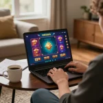 Player enjoying the RR88 app on a laptop in a cozy home setting, showcasing online gaming.