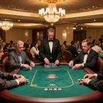 Players compete in a thrilling poker game at FC88 in a luxurious Las Vegas casino, illuminated by elegant chandeliers.