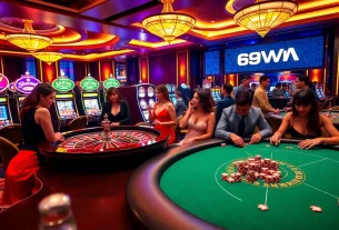 Experience excitement at 69VN with players enjoying roulette and poker in a luxury casino environment.