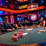 Players winning at the high-stakes table in XX88 Casino, showcasing luxury and excitement.
