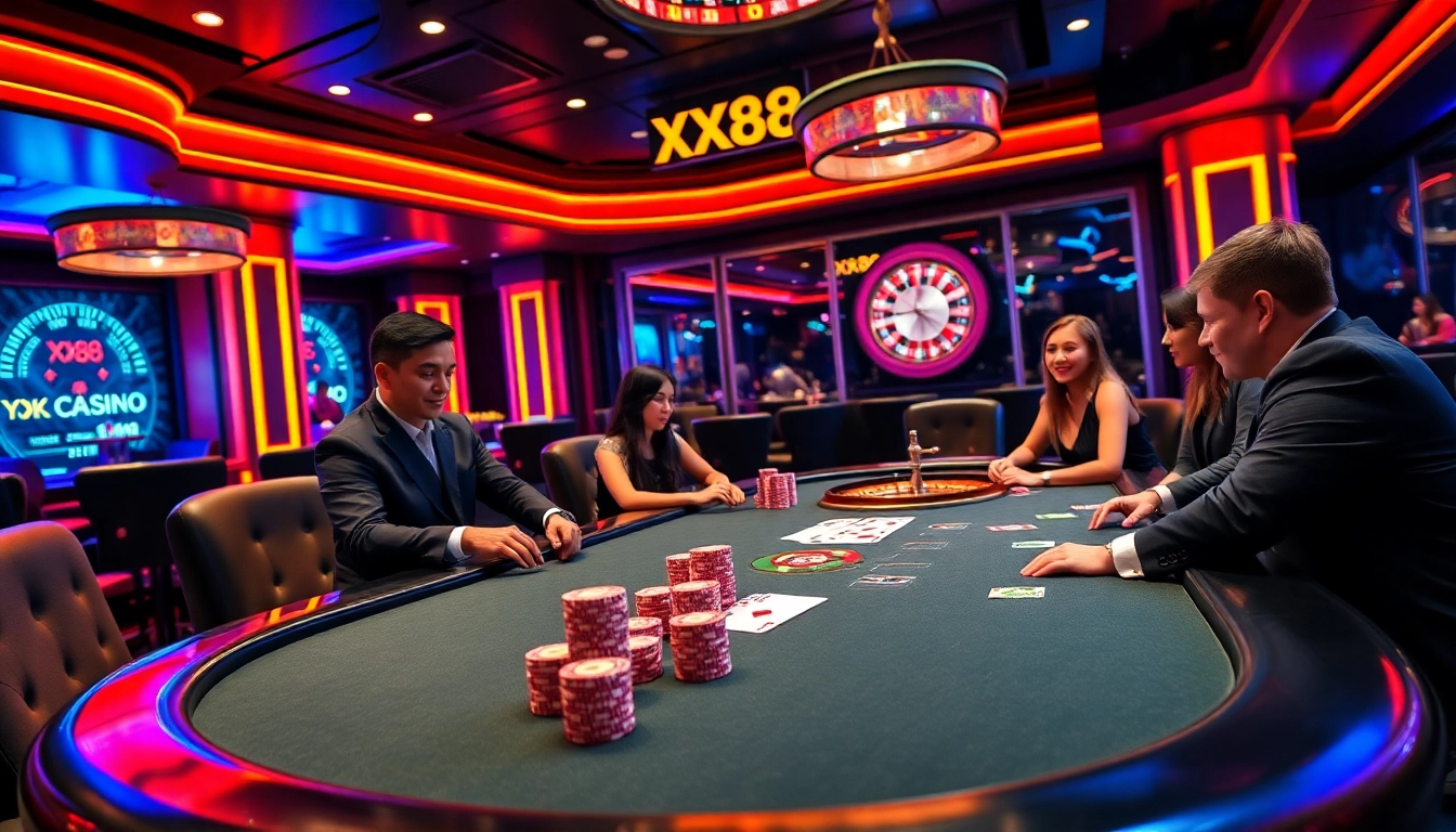 Players winning at the high-stakes table in XX88 Casino, showcasing luxury and excitement.