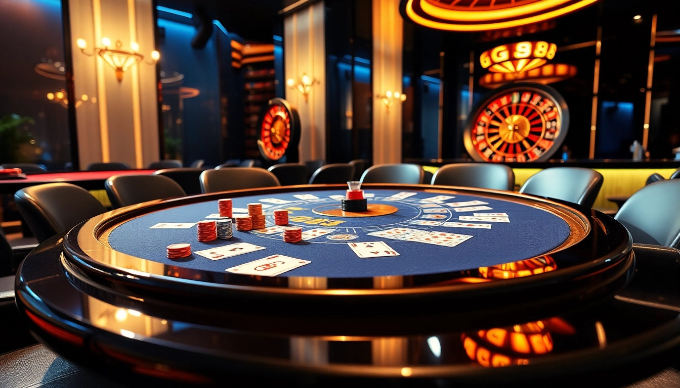 Experience the excitement of GG88 with high-stakes poker chips and cards on a luxury casino table.