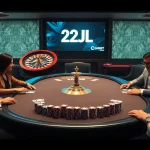 Experience the thrill of high-stakes gaming at a 22JL casino table with vibrant chips and cards.