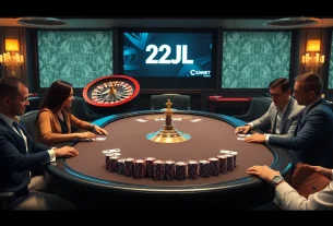 Experience the thrill of high-stakes gaming at a 22JL casino table with vibrant chips and cards.