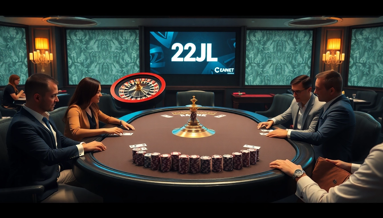 Experience the thrill of high-stakes gaming at a 22JL casino table with vibrant chips and cards.