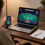 VT88 player engaged in a live dealer blackjack game on a stylish laptop.