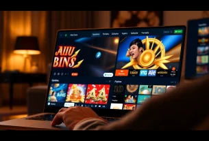 Experience online gaming at https://69vn.day/ with a sleek laptop displaying a vibrant casino interface.