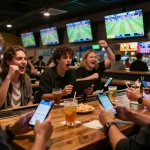Fans placing bets on lc88.com during live sports events, capturing the excitement and camaraderie in a vibrant sports bar